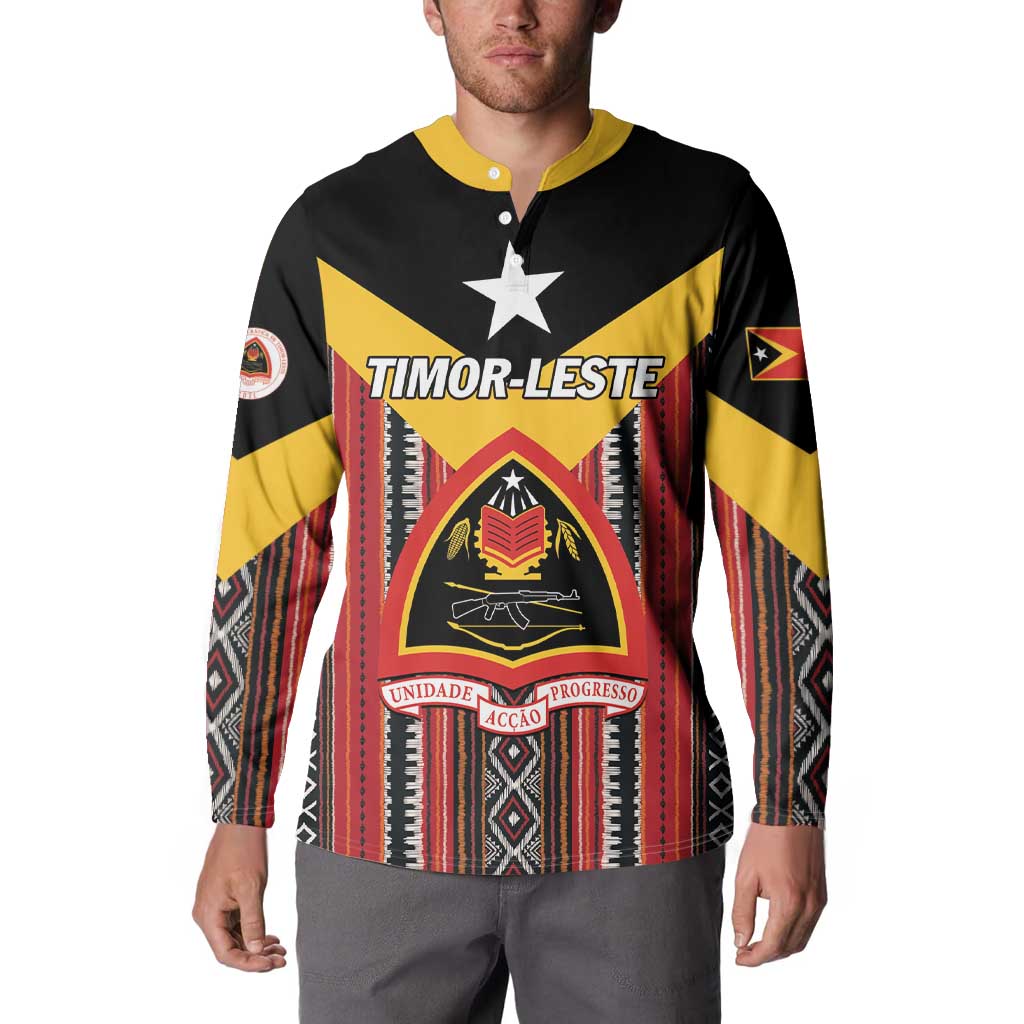 Personalized button sweatshirt on model, Timor-Leste crest graphic centered, patterned sleeves