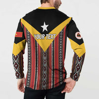 Personalized button sweatshirt back with YOUR TEXT triangle, black yellow red tribal pattern