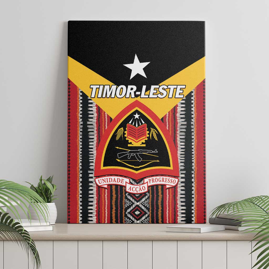 Framed canvas wall art featuring Timor-Leste crest, white star, and patterned red/black/white bands