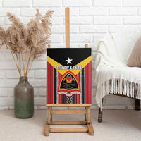 Canvas wall art with Timor-Leste crest in black circle, yellow banner, and striped red/black/white