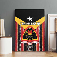 Framed canvas wall art with Timor-Leste crest, yellow triangle, white star, and vertical textile stripes