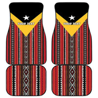 Set of car floor mats, red geometric stripes with black, white accents and yellow star label
