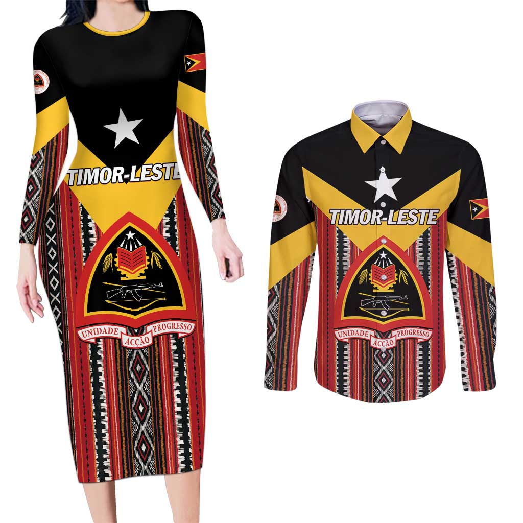 Personalized East Timor Couples Matching Long Sleeve Bodycon Dress and Long Sleeve Button Shirt Timor-Leste Tais Pattern - Wonder Print Shop