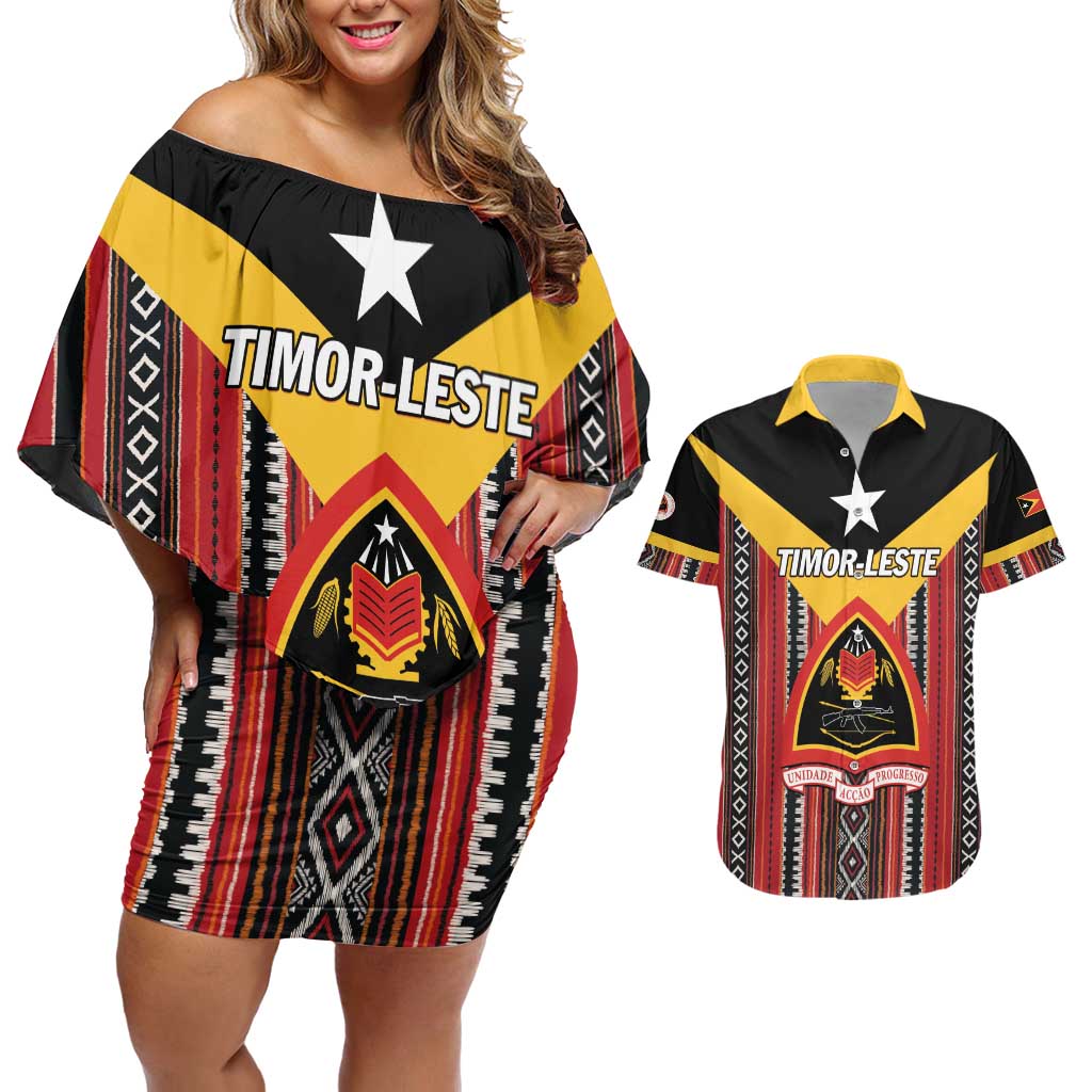 Personalized East Timor Couples Matching Off Shoulder Short Dress and Hawaiian Shirt Timor-Leste Tais Pattern - Wonder Print Shop