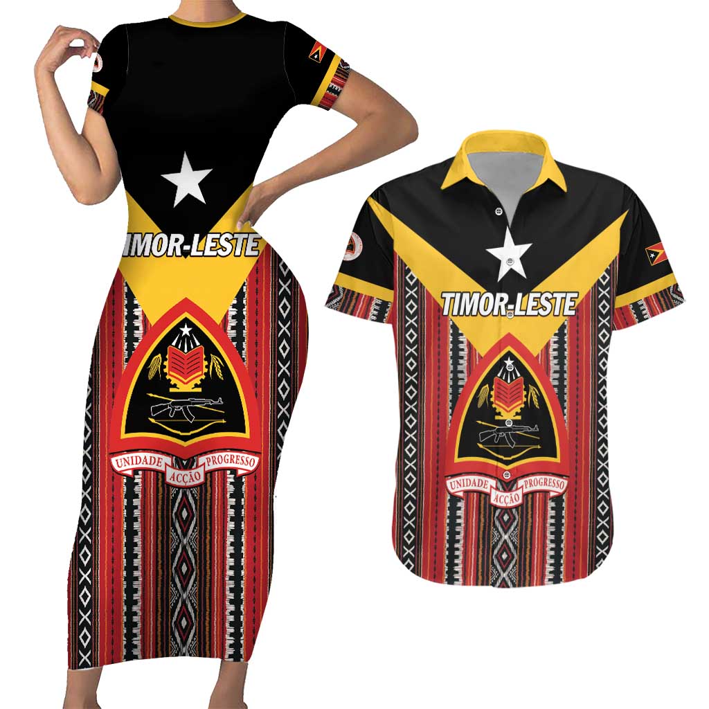 Personalized East Timor Couples Matching Short Sleeve Bodycon Dress and Hawaiian Shirt Timor-Leste Tais Pattern - Wonder Print Shop