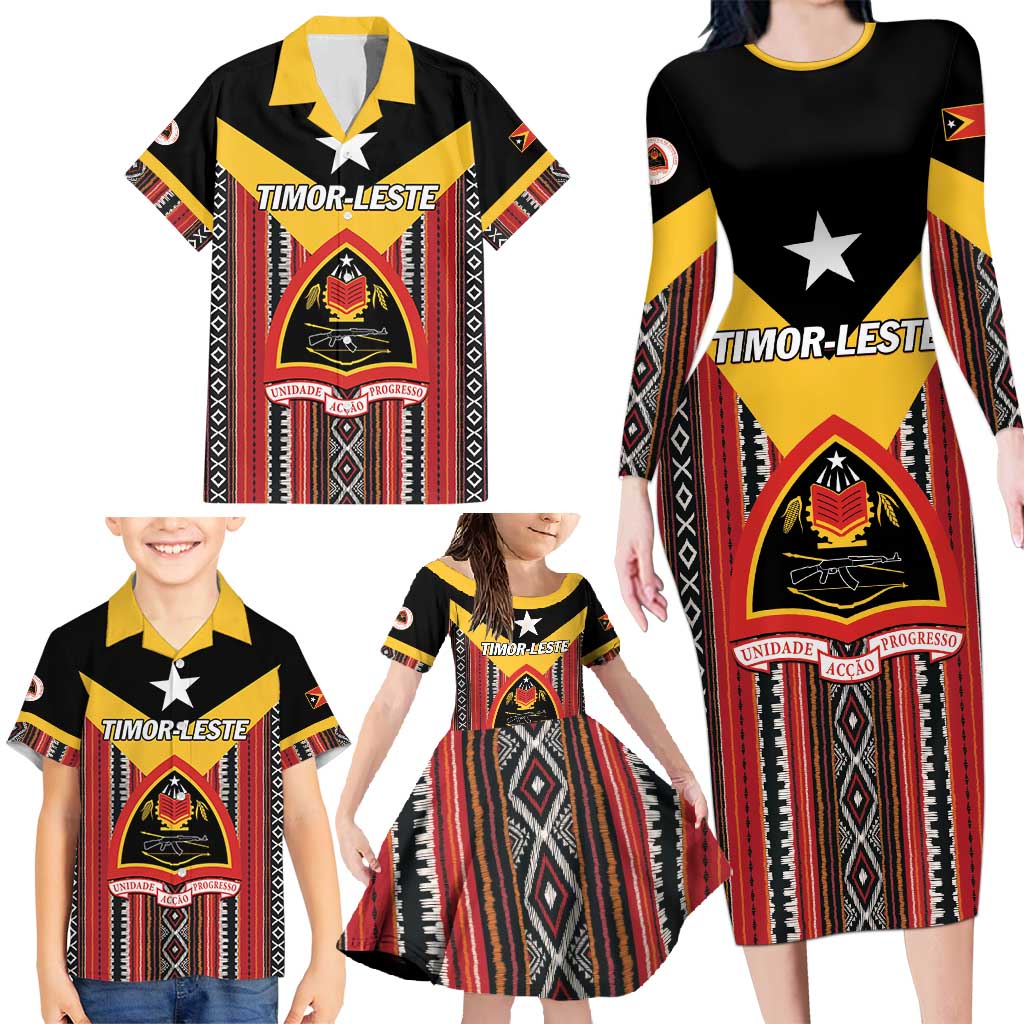 Personalized East Timor Family Matching Long Sleeve Bodycon Dress and Hawaiian Shirt Timor-Leste Tais Pattern - Wonder Print Shop