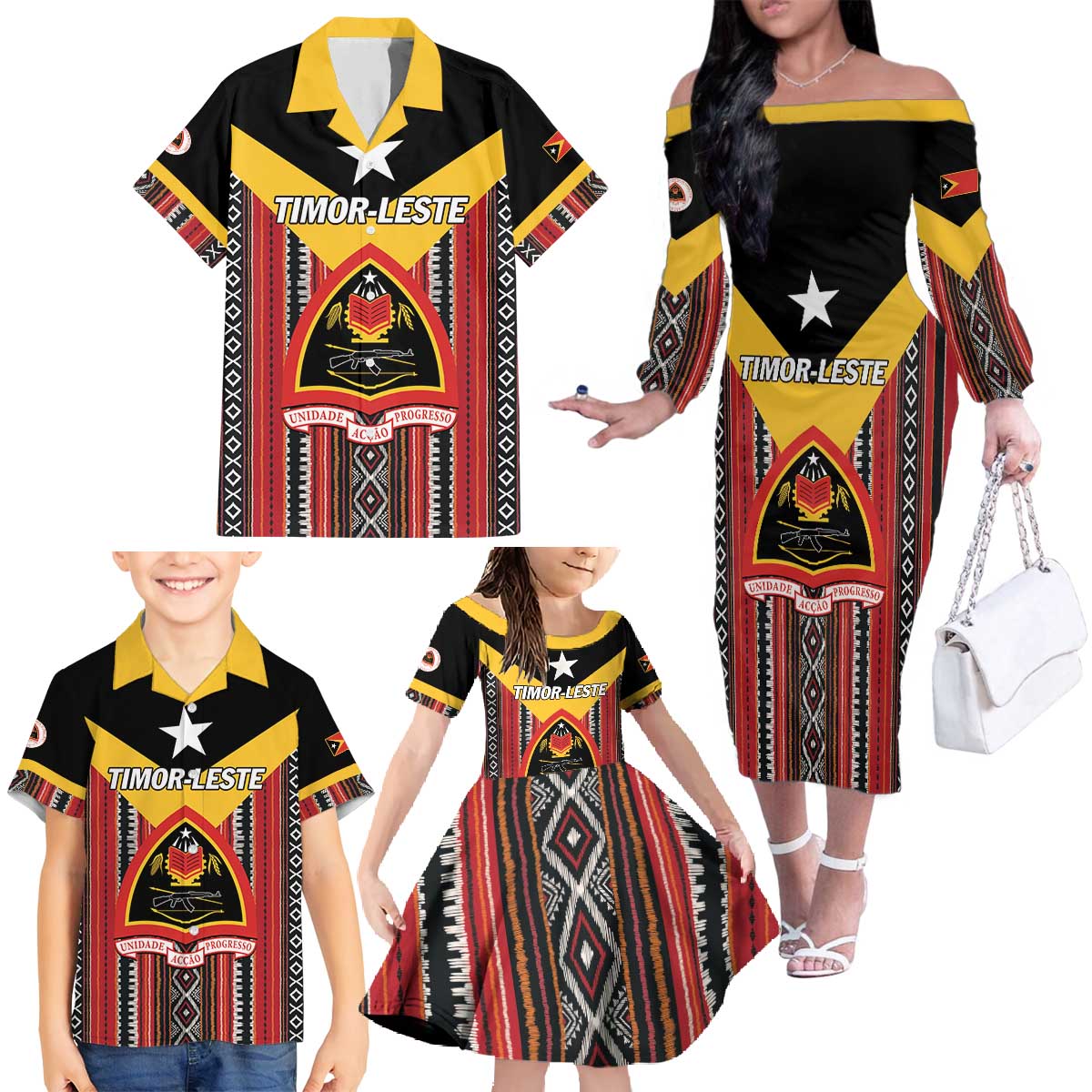 Personalized East Timor Family Matching Off The Shoulder Long Sleeve Dress and Hawaiian Shirt Timor-Leste Tais Pattern - Wonder Print Shop