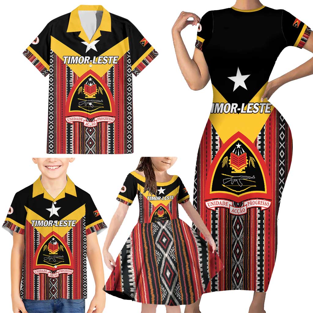 Personalized East Timor Family Matching Short Sleeve Bodycon Dress and Hawaiian Shirt Timor-Leste Tais Pattern - Wonder Print Shop