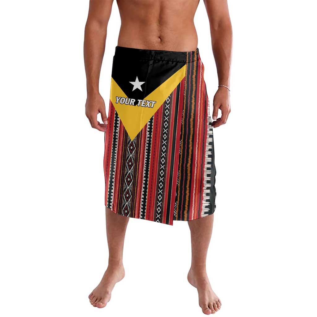 Red lavalava sarong with geometric stripes, black waistband, custom text panel