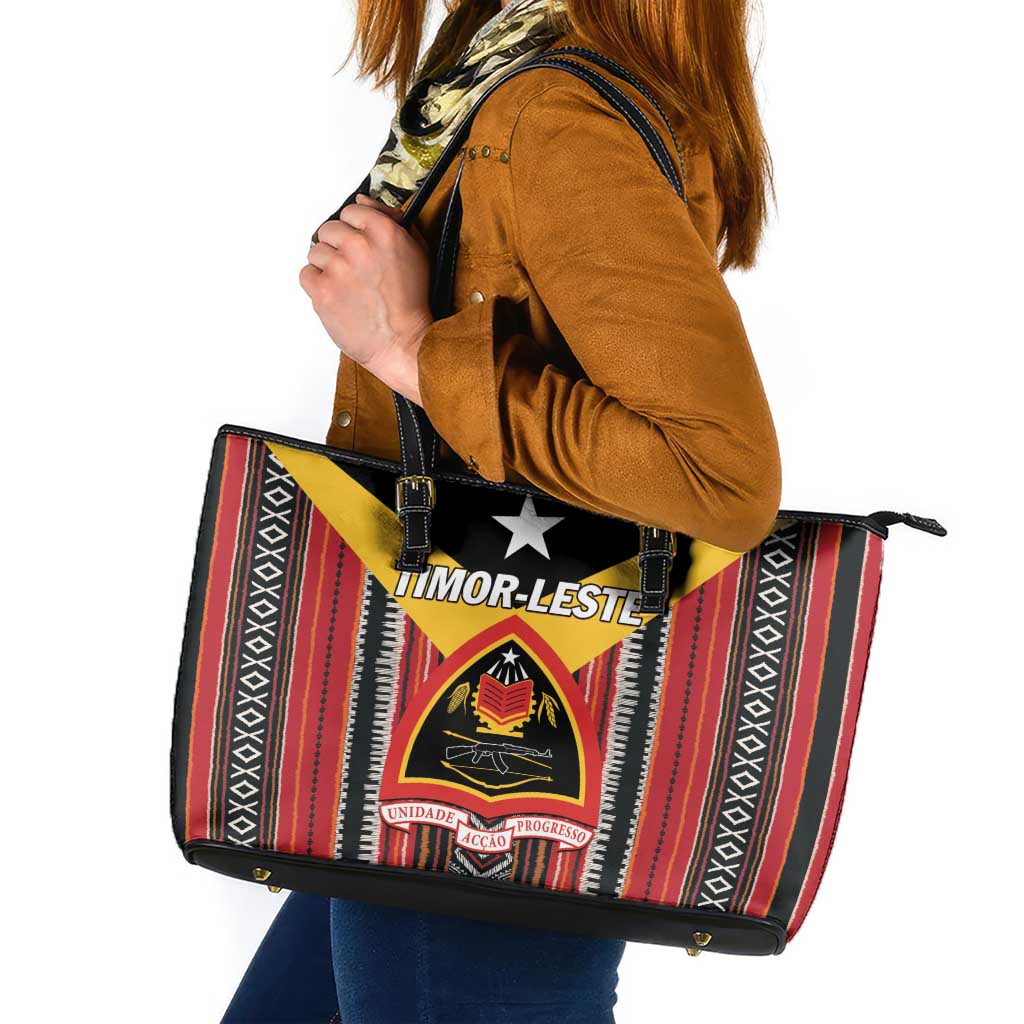 East Timor Leather Tote Bag Timor-Leste Tais Pattern - Wonder Print Shop