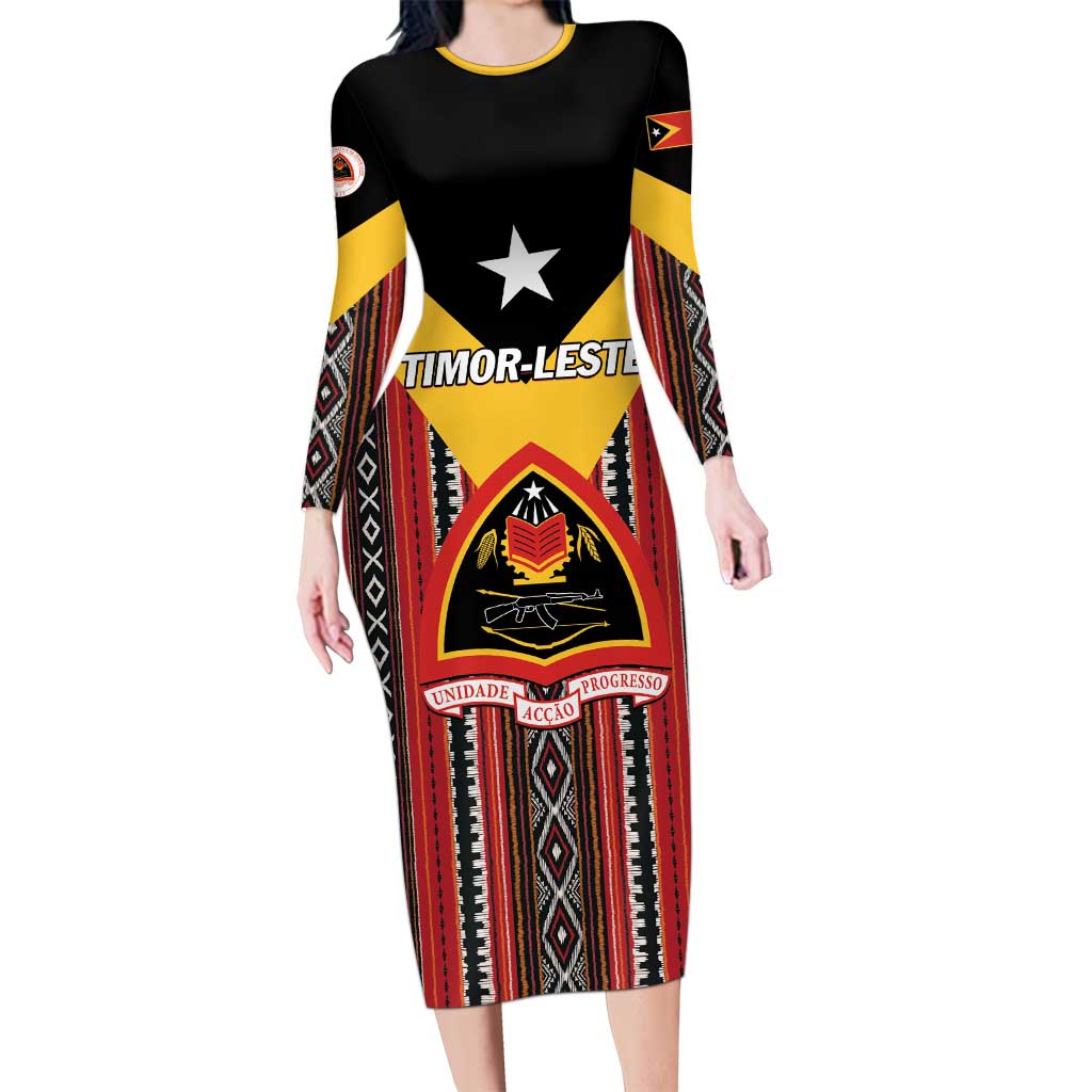 Personalized East Timor Long Sleeve Bodycon Dress Timor-Leste Tais Pattern - Wonder Print Shop