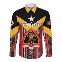 Unisex long-sleeve button shirt, black with yellow/red tribal print and Timor-Leste crest
