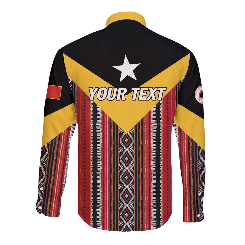 Unisex long-sleeve button shirt, black with yellow/red tribal print and star 'Your Text' back