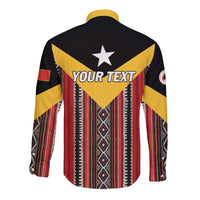 Unisex long-sleeve button shirt, black with yellow/red tribal print and star 'Your Text' back