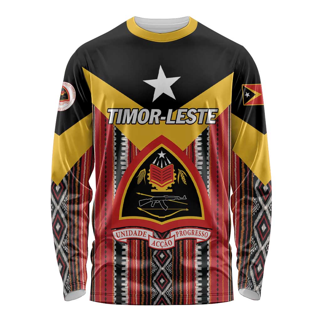 Unisex long sleeve shirt with black, gold and red Timor-Leste crest front