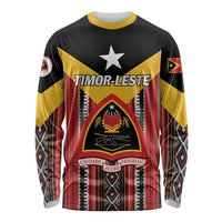Unisex long sleeve shirt with black, gold and red Timor-Leste crest front
