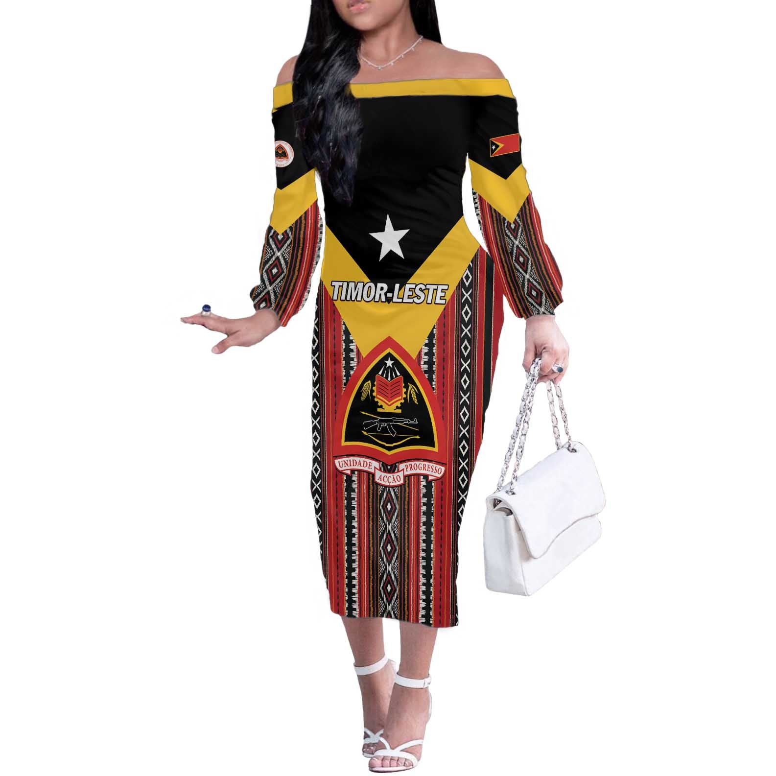 Personalized East Timor Off The Shoulder Long Sleeve Dress Timor-Leste Tais Pattern - Wonder Print Shop