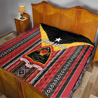 Red and black quilt bedspread with quilted texture, yellow chevron, and crest graphic