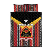 East Timor quilt bed set with red center emblem, striped border, and quilted black top panel