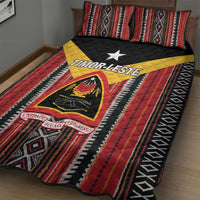 East Timor quilt bed set with quilted black panel, white star, and red striped emblem design