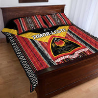 East Timor quilt bed set with black quilt backing, red stripes, and yellow emblem banner