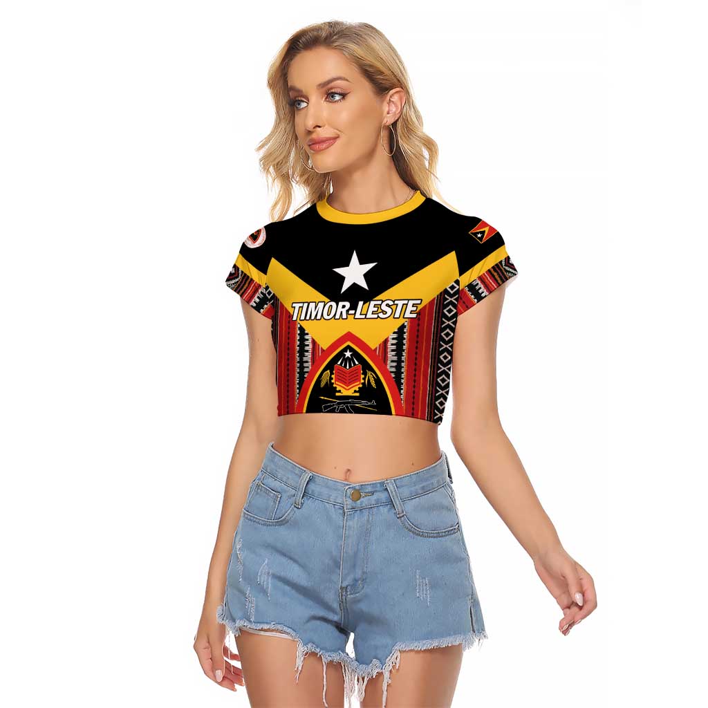 Personalized East Timor Raglan Cropped T Shirt Timor-Leste Tais Pattern - Wonder Print Shop