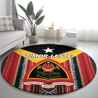 Round carpet with Timor-Leste crest and striped border, black base with red and yellow details