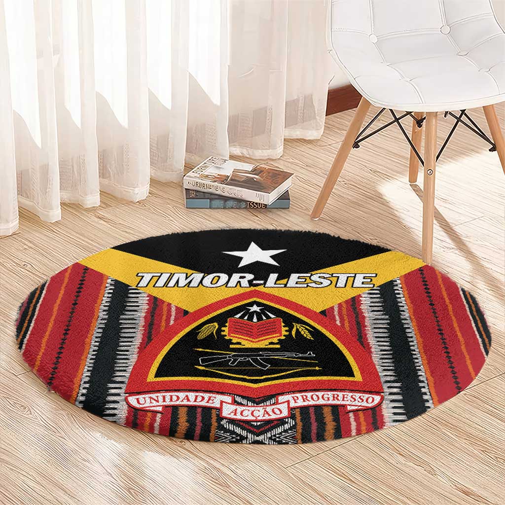 Round carpet with Timor-Leste crest, yellow panel and red-black striped Tais pattern