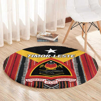 Round carpet with Timor-Leste crest, yellow panel and red-black striped Tais pattern