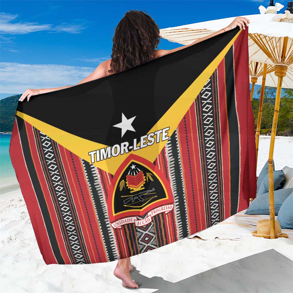 Red, black, and white striped sarong with yellow trim and TIMOR-LESTE star emblem