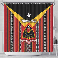 Timor-Leste shower curtain in red, black, and yellow with striped borders and crest.