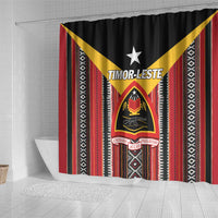 Red and black Timor-Leste shower curtain with gold diagonal stripe and star.