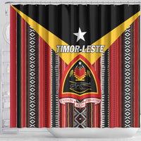 Timor-Leste shower curtain, black and red with large star, crest, and text.