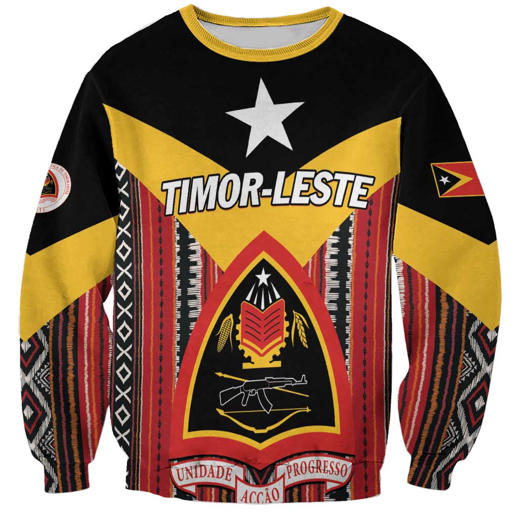 Unisex sweatshirt with black yellow red Timor-Leste graphic, star, crest and striped pattern