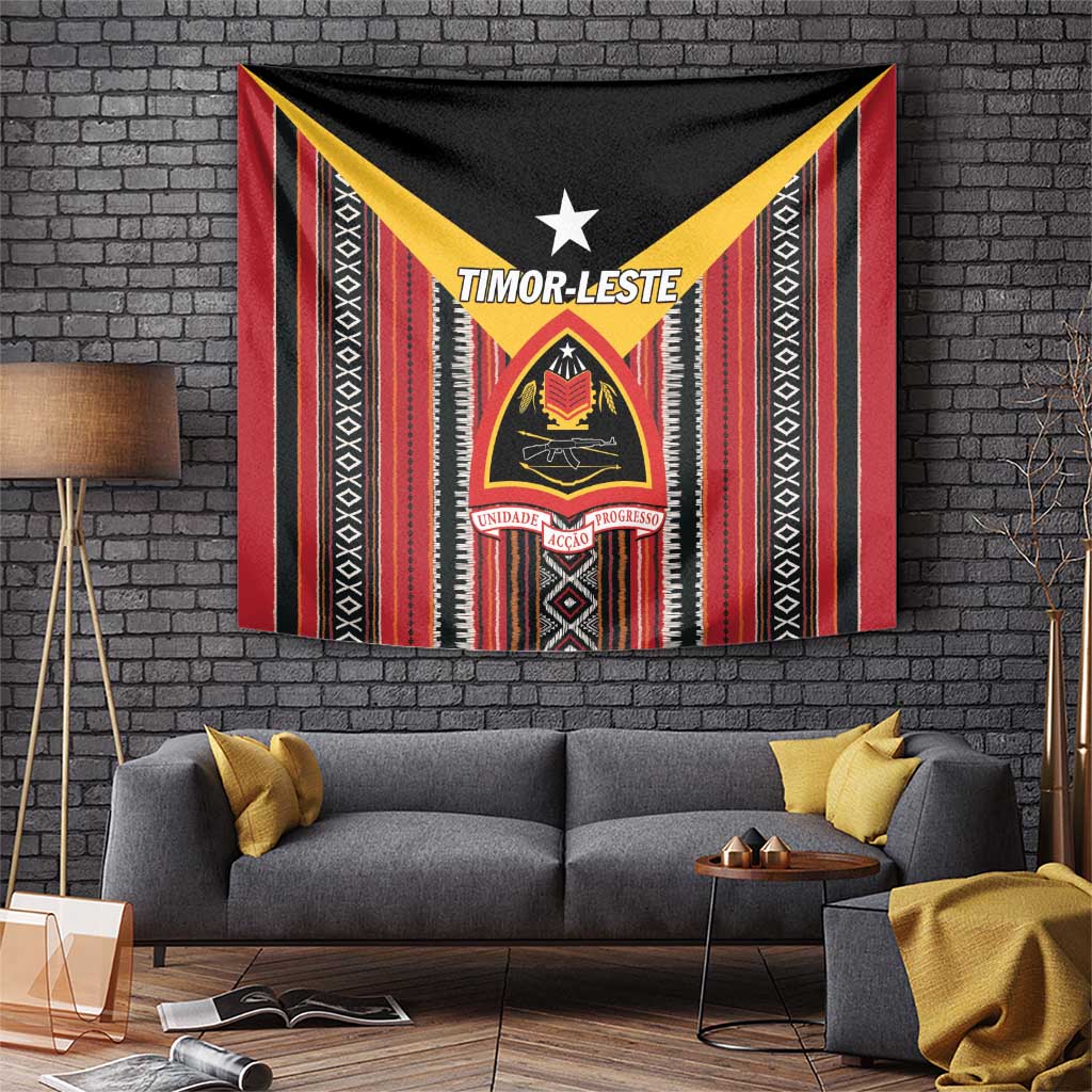 Red, black, and yellow Timor-Leste tapestry wall hanging with central emblem and stripes.