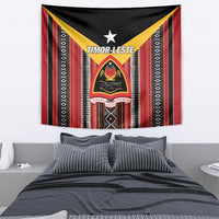 Timor-Leste wall tapestry with black base, yellow triangle accents, and red striped border.
