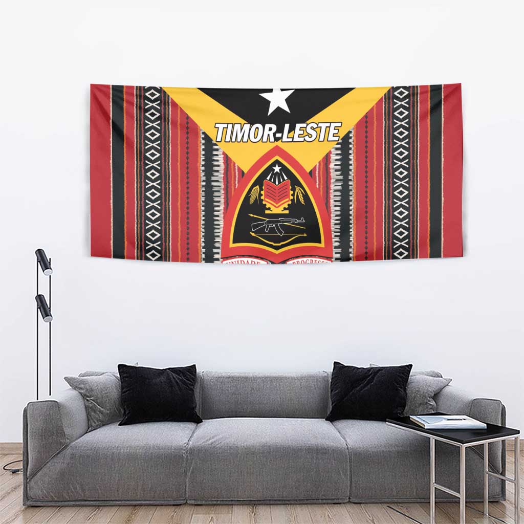 Timor-Leste flag tapestry with black field, yellow V, star, and red striped sides.