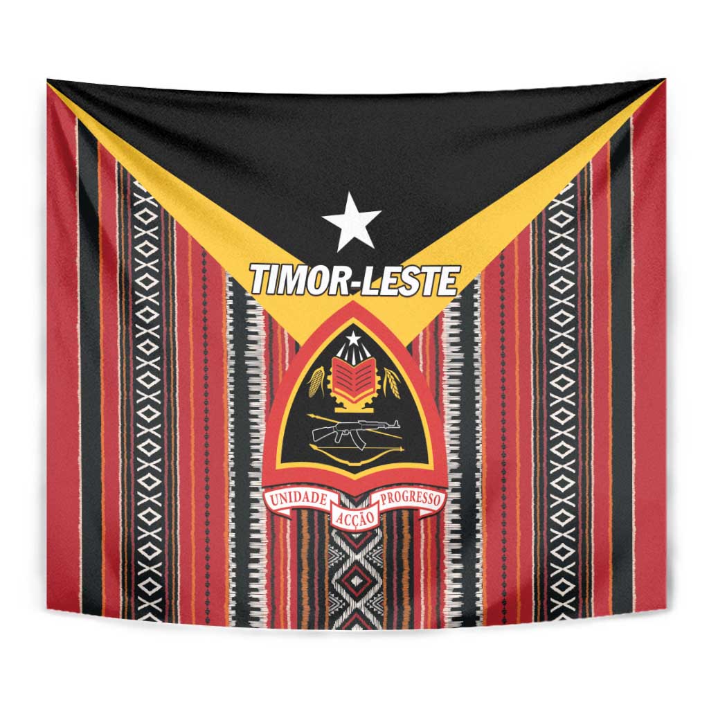 Close-up Timor-Leste tapestry with central emblem, white star, and red, black, yellow stripes.