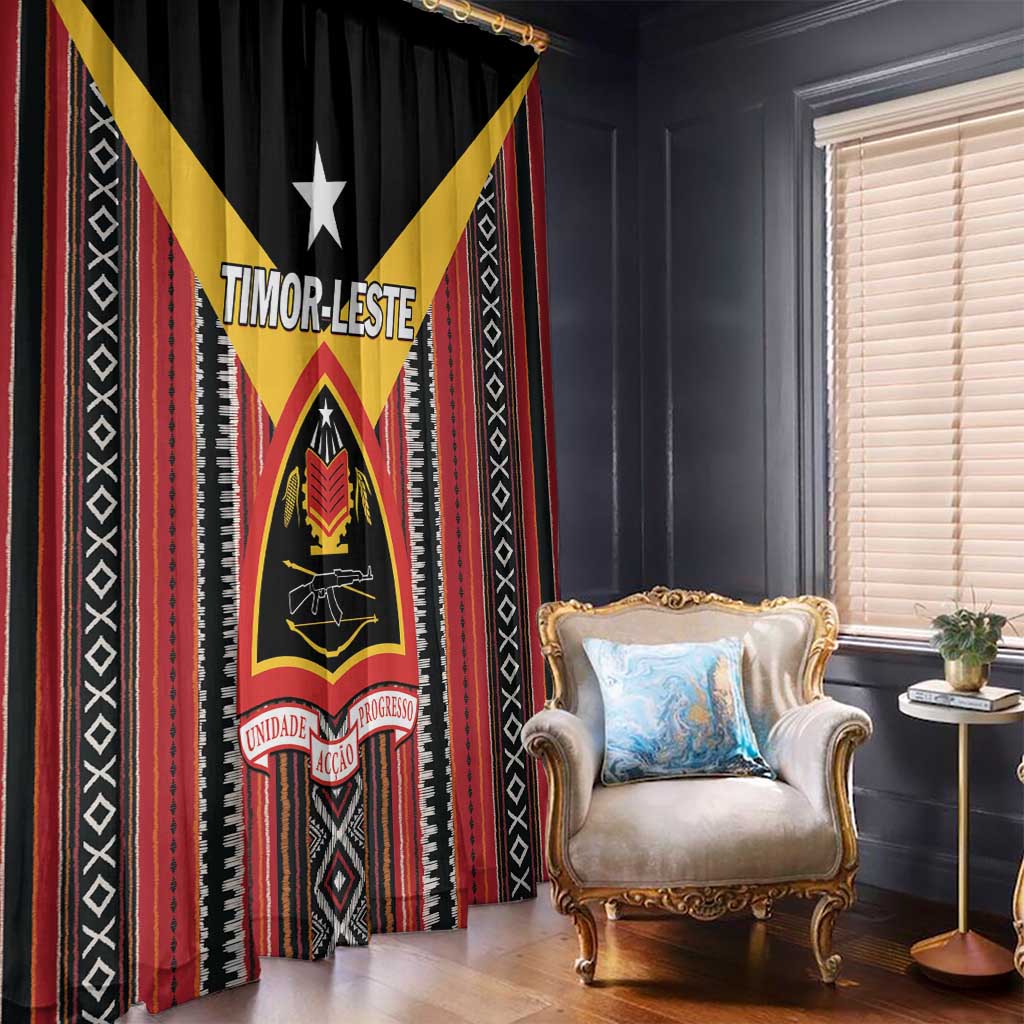 Black window curtain panels with vertical red, yellow, and white decorative stripe motifs