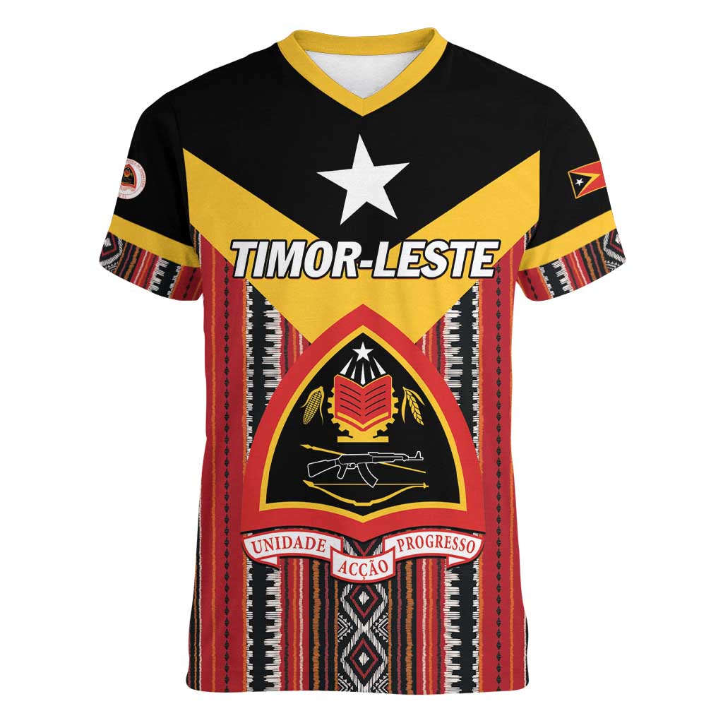 Personalized East Timor Women V-Neck T-Shirt Timor-Leste Tais Pattern - Wonder Print Shop