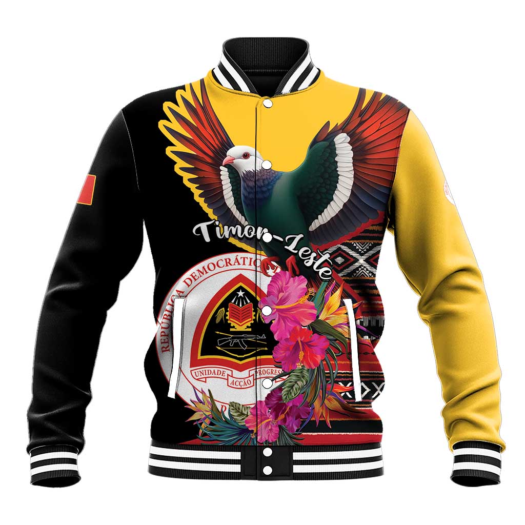 Black and yellow unisex baseball jacket with colorful pigeon and hibiscus front graphic