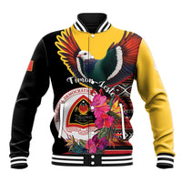 Black and yellow unisex baseball jacket with colorful pigeon and hibiscus front graphic