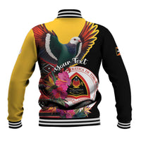 Black and yellow unisex baseball jacket with large back pigeon and floral emblem graphic