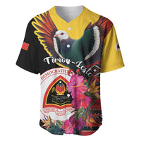 Black and yellow baseball jersey with pigeon graphic, hibiscus flowers, and round emblem