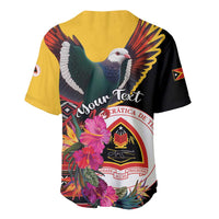 Yellow and black baseball jersey with pigeon wings, hibiscus flowers, and circular emblem