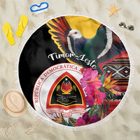 Black round beach blanket with white fringe border, pigeon and hibiscus print