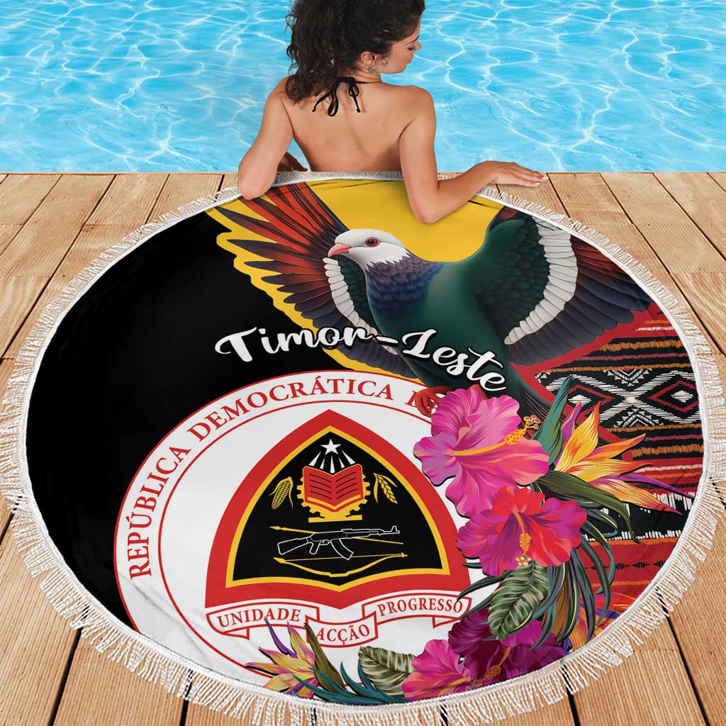 Black round beach blanket with white fringe border, pigeon wings and hibiscus flowers