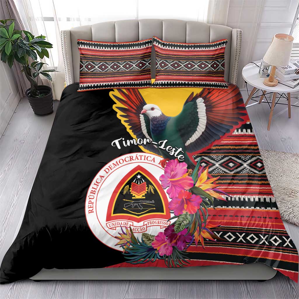 Black duvet cover and matching pillows with colorful pigeon, hibiscus flowers, striped trim