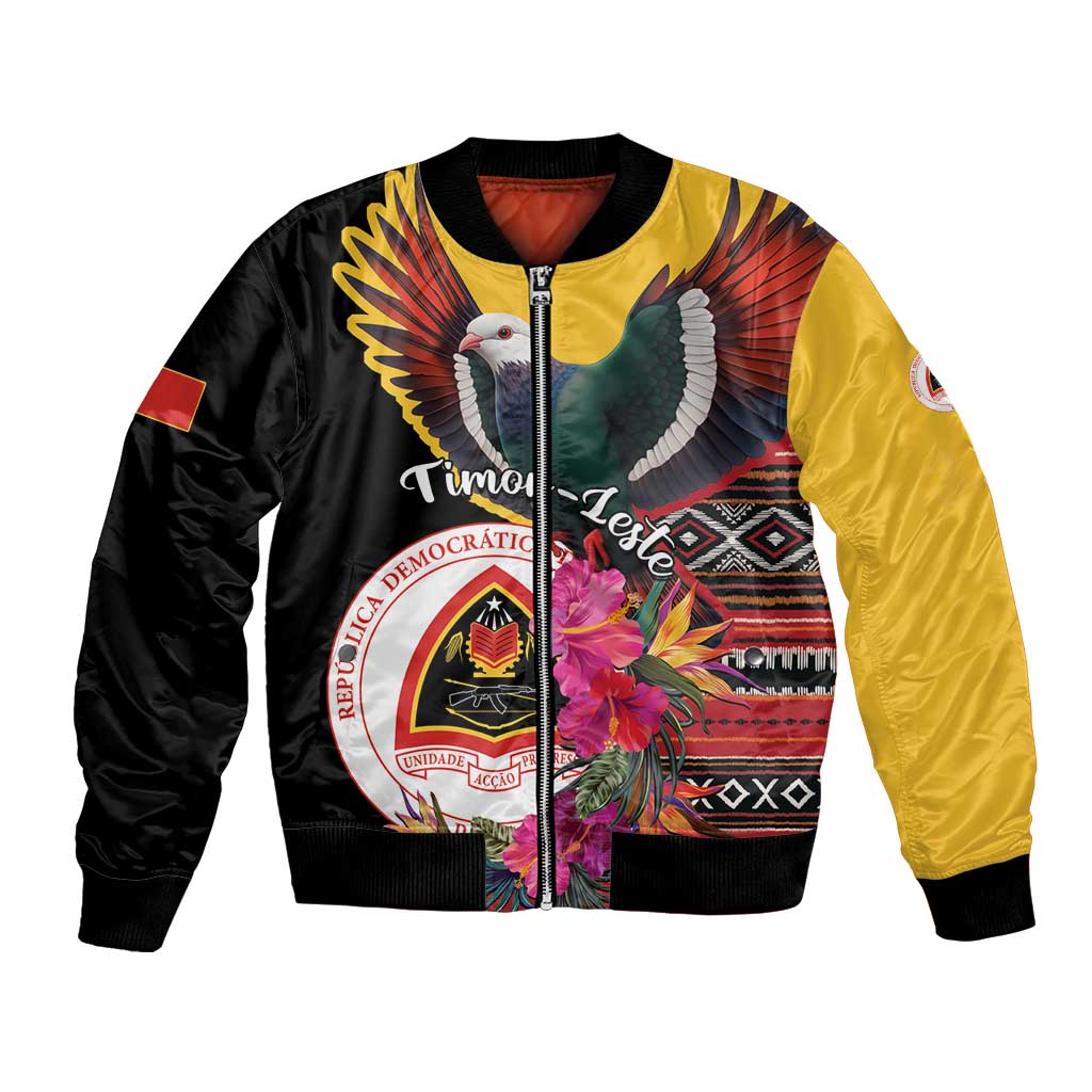 Black bomber jacket with yellow sleeve, colorful pigeon graphic and zip-front