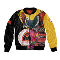 Black bomber jacket with yellow sleeve, colorful pigeon graphic and zip-front